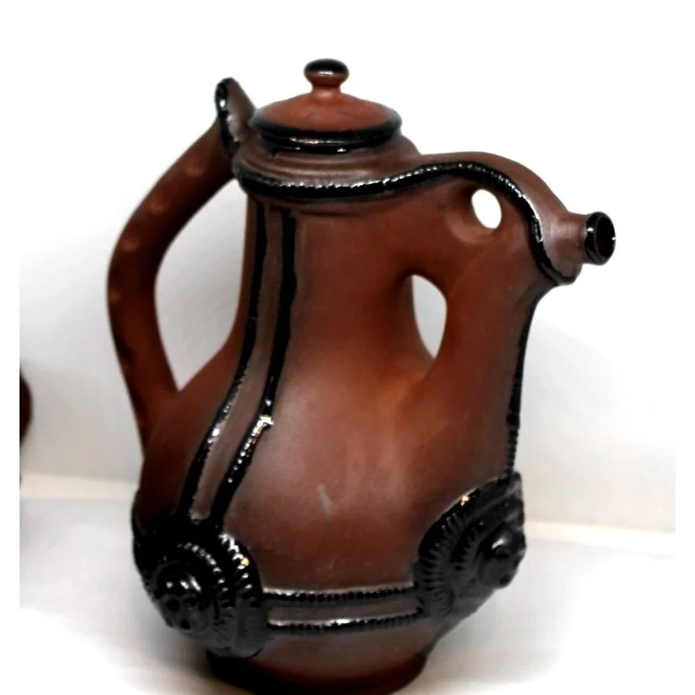 Bulgarian Clay Pottery Pitcher w/Sculptural Handle Decorative Elements 6 Mugs